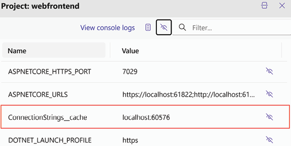 图 2.2：webfrontend 应用程序的连接字符串环境变量详细信息