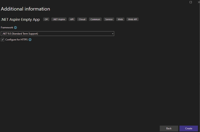 图 2.5：.NET Aspire 空应用框架选择对话框