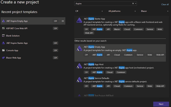 图 2.3：Visual Studio 2022 项目模板窗口